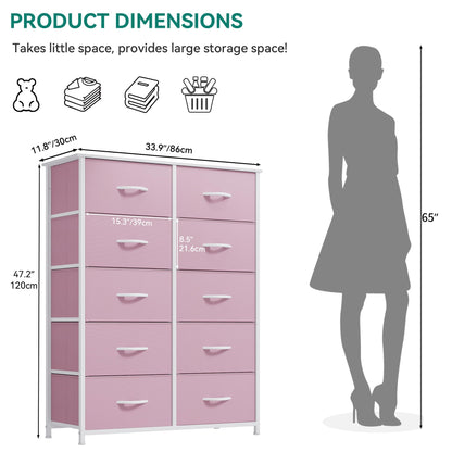 YITAHOME 10 Drawer Dresser - Fabric Storage Tower, Organizer Unit for Bedroom, Living Room, Hallway, Closets - Sturdy Steel Frame, Wooden Top & Easy Pull Fabric Bins, Pink