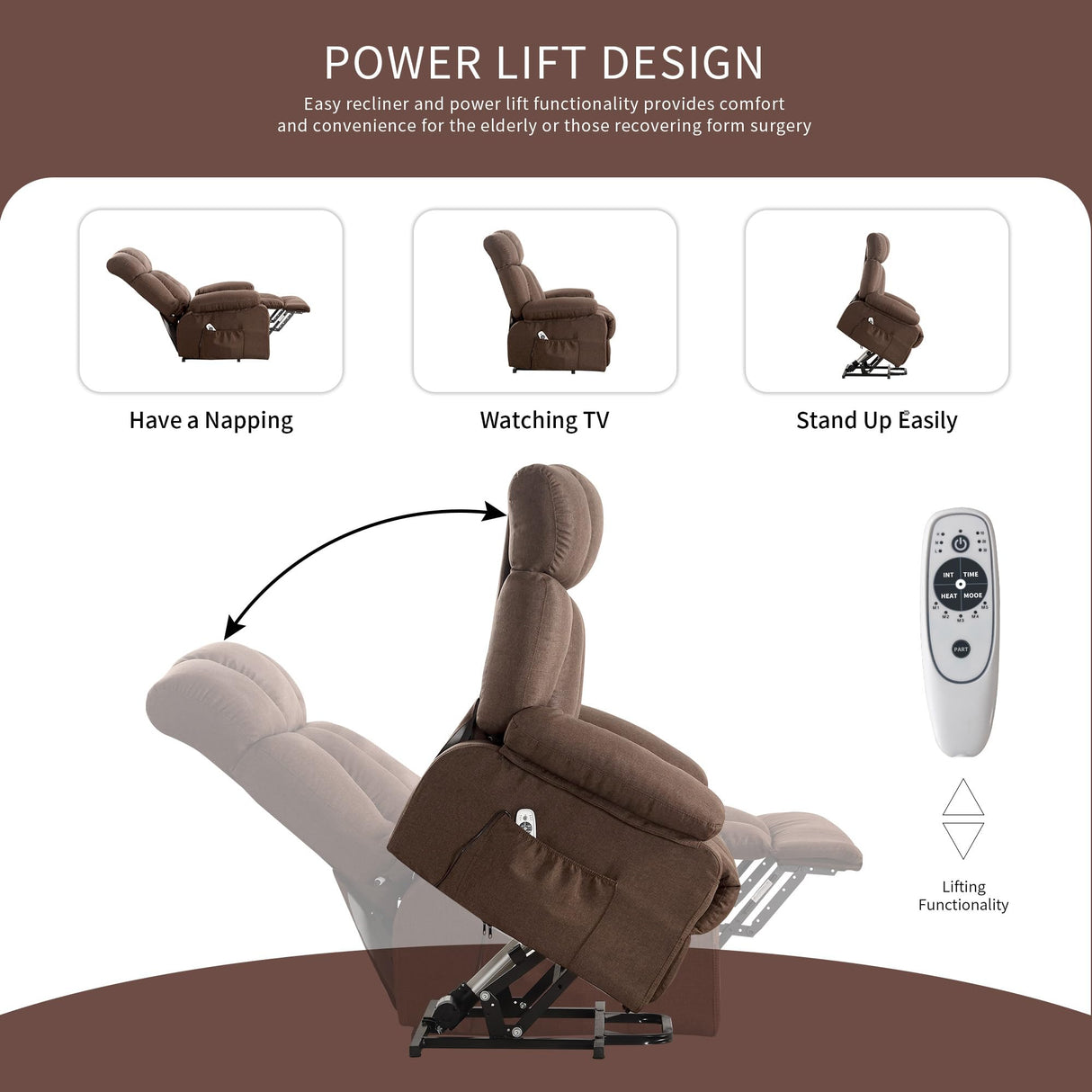 jonpony Power Lift Recliner Chair for Elderly, Lift Chair with Massage and Heat for Living Room, Fabric Electric Recliner Chairs with Side Pockets, USB Charge Port,Brown jonpony