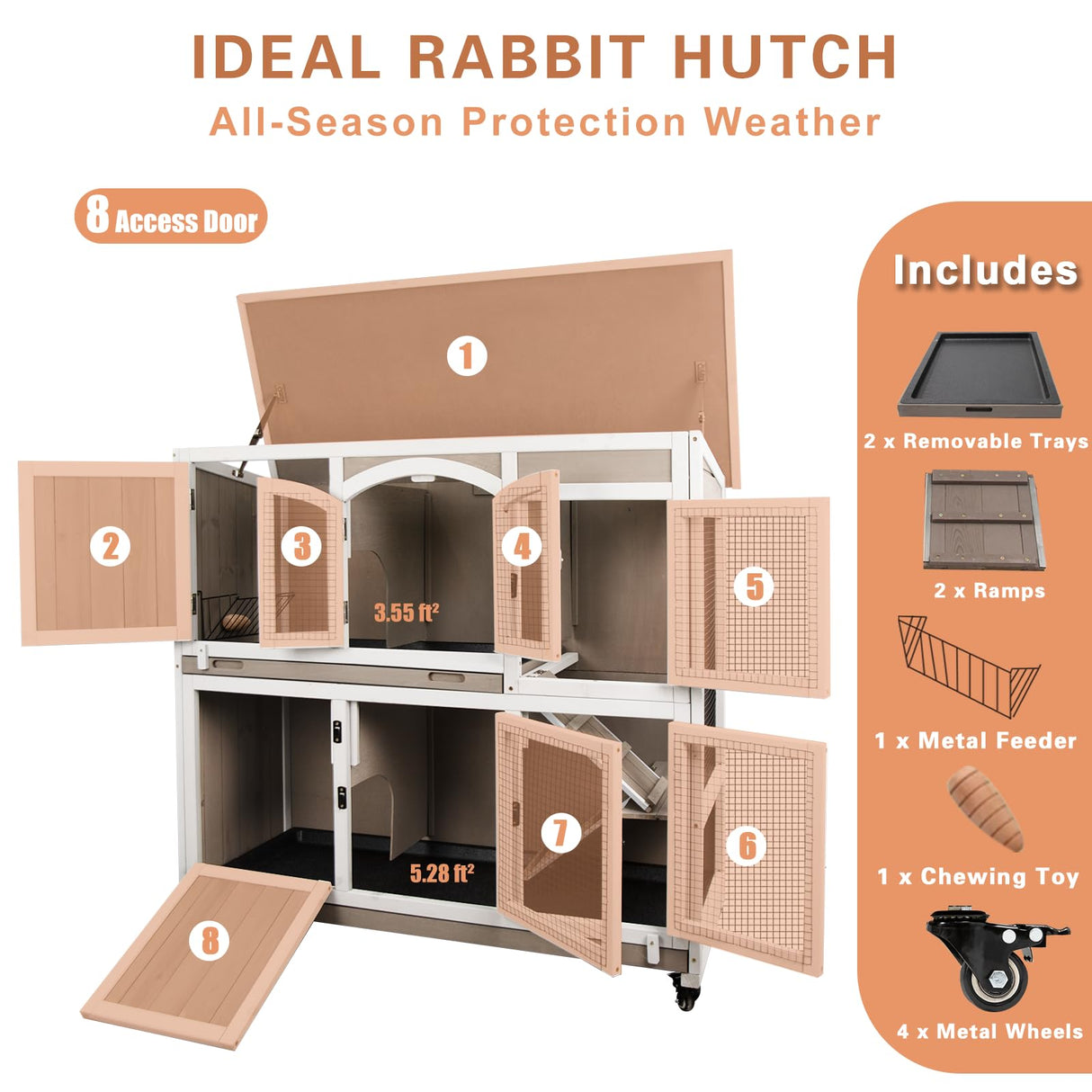 Gowoodhut 47"L Rabbit Hutch Indoor Wooden 2 Story Rabbit Large Bunny Hutch Outdoor Bunny Cage on 4 Metal Wheels and 2 Deeper Pull Out Trays, Ramp,Guinea Pig Pet House for Small to Medium Animals,Grey Gowoodhut