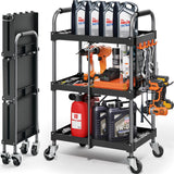 KINGRACK 3 Tier Rolling Tool Cart with Wheels and Ergonomic Handle, Heavy Duty Foldable Utility Service Cart with Organizer Shelf, Multifunctional Storage Organizer, Practical for Home, Office, Garage KINGRACK