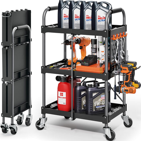 KINGRACK 3 Tier Rolling Tool Cart with Wheels and Ergonomic Handle, Heavy Duty Foldable Utility Service Cart with Organizer Shelf, Multifunctional Storage Organizer, Practical for Home, Office, Garage KINGRACK