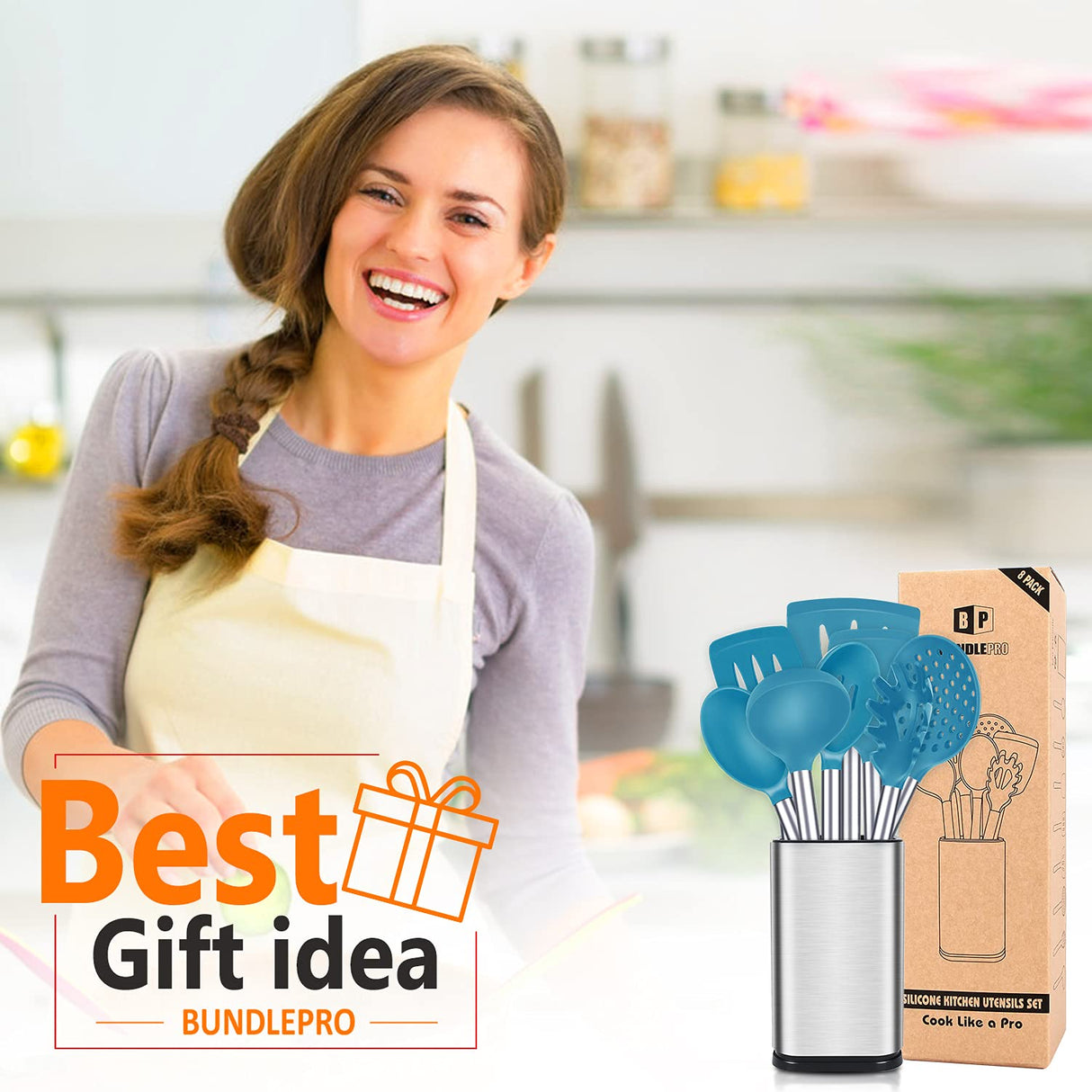 Silicone Cooking Utensil Set, 8Pcs Non-stick Cookware with Stainless Steel Handle, BPA Free Heat Resistant Kitchen Tools with Spatulas, Turners, Spoons, Skimmer and Pasta Fork BUNDLEPRO