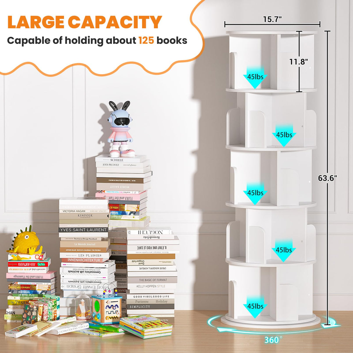 Besiost Rotating Bookshelf Tower, 5 Tier Spinning Bookcase, Revolving 360 Book Shelf Narrow Tall Bookcase, Vertical Turning Round Bookshelf Organizer, Wood Corner Book Shelf for Small Space, White Besiost