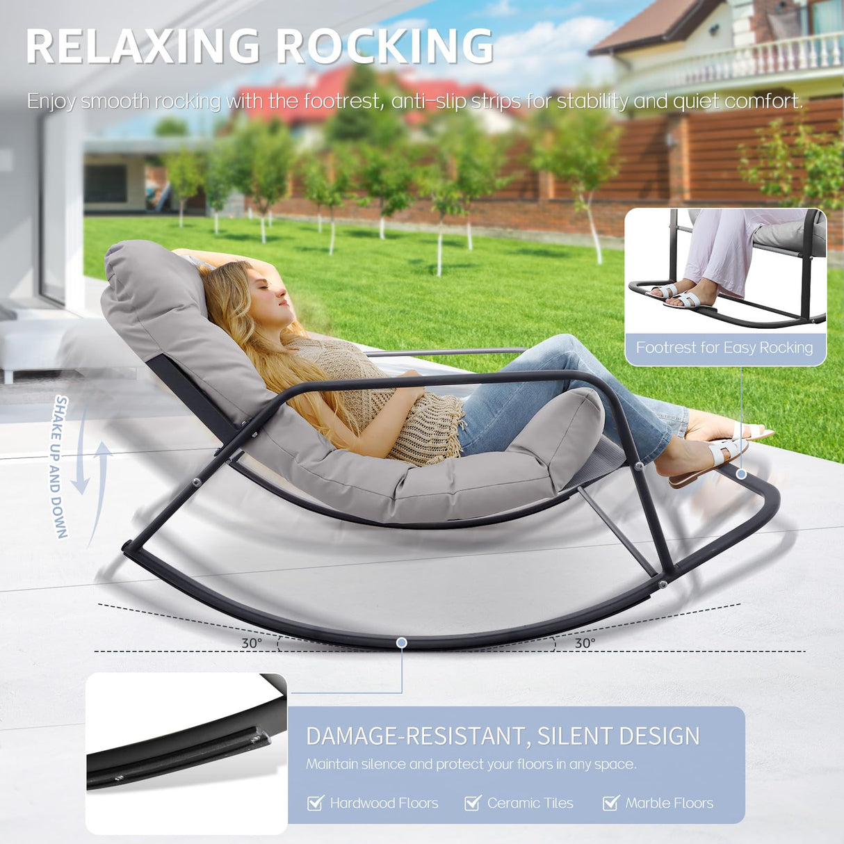 BULEXYARD Grey Oversized Indoor Outdoor Lounge Royal Rocking Chair with Armrest Footrest for Napping Relaxing, Heavy Duty Patio Reclining Papasan Rocker Chair with Padded Cushion for Porch, Sunroom BULEXYARD