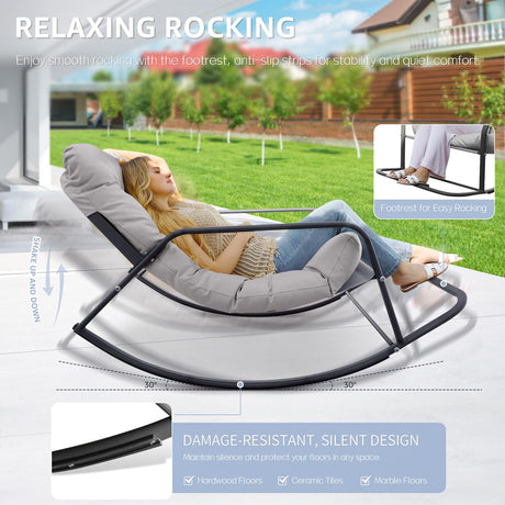 BULEXYARD Grey Oversized Indoor Outdoor Lounge Royal Rocking Chair with Armrest Footrest for Napping Relaxing, Heavy Duty Patio Reclining Papasan Rocker Chair with Padded Cushion for Porch, Sunroom BULEXYARD