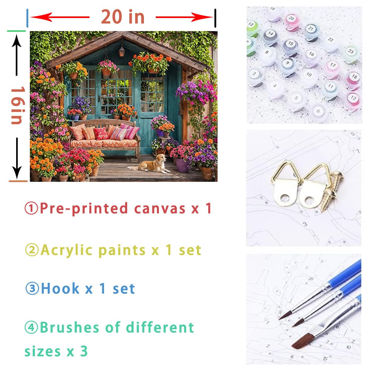 Flower House Paint by Numbers Kit for Adults Garden Adult Paint by Number Kits On Canvas Dog Village Oil Painting Kit for Beginners Adults' Paint-by-Number Kits for Gift Home Wall Decor 16x20 Inch Lovepefe