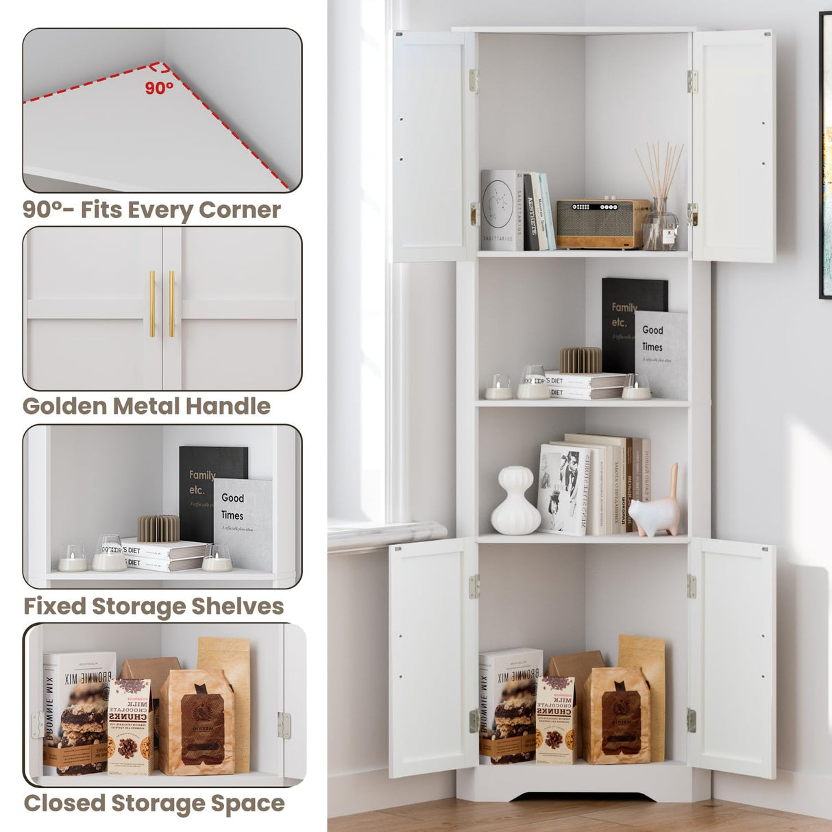 CHUWELL Corner Cabinet, 67'' Tall Corner Storage Cabinet with 4 Barn Doors and Adjustable Shelves for Living Room, Kitchen, Bathroom, Laundry Room, White CHUWELL