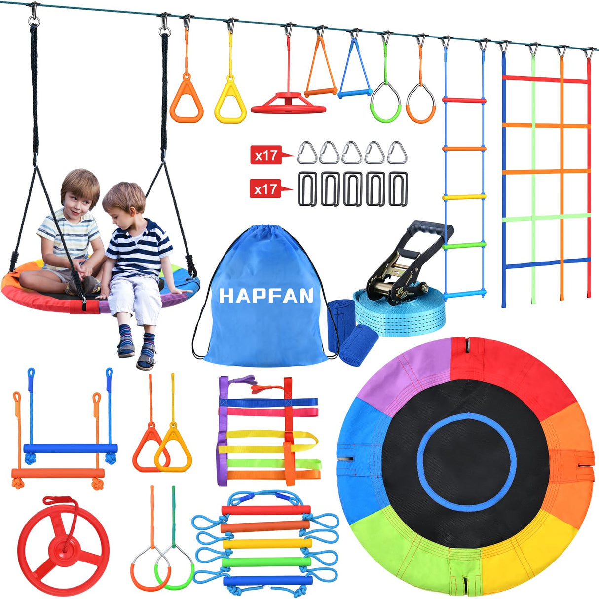 Hapfan 50 FT Ninja Warrior Obstacle Course Swing Set for Kids with Weather-Proof Accessories, Outdoor Playset with Monkey Bars for Backyard Hapfan