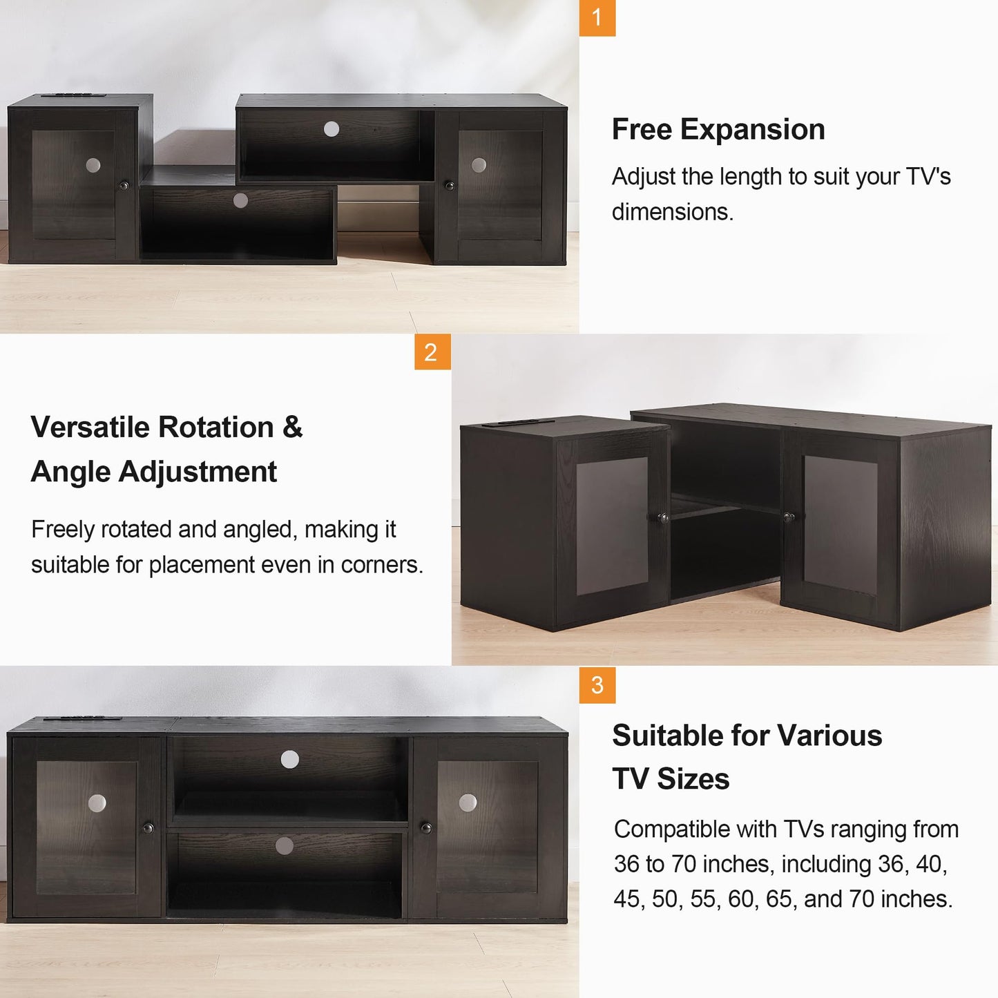 VECELO Deformable LED TV Stand with Power Outlets for 55/60/65/70 Inch Televisions, Gaming Entertainment Center with Cabinet for Living Room Bedroom, 4 AC Outlets & 2 USB-A Ports, Black