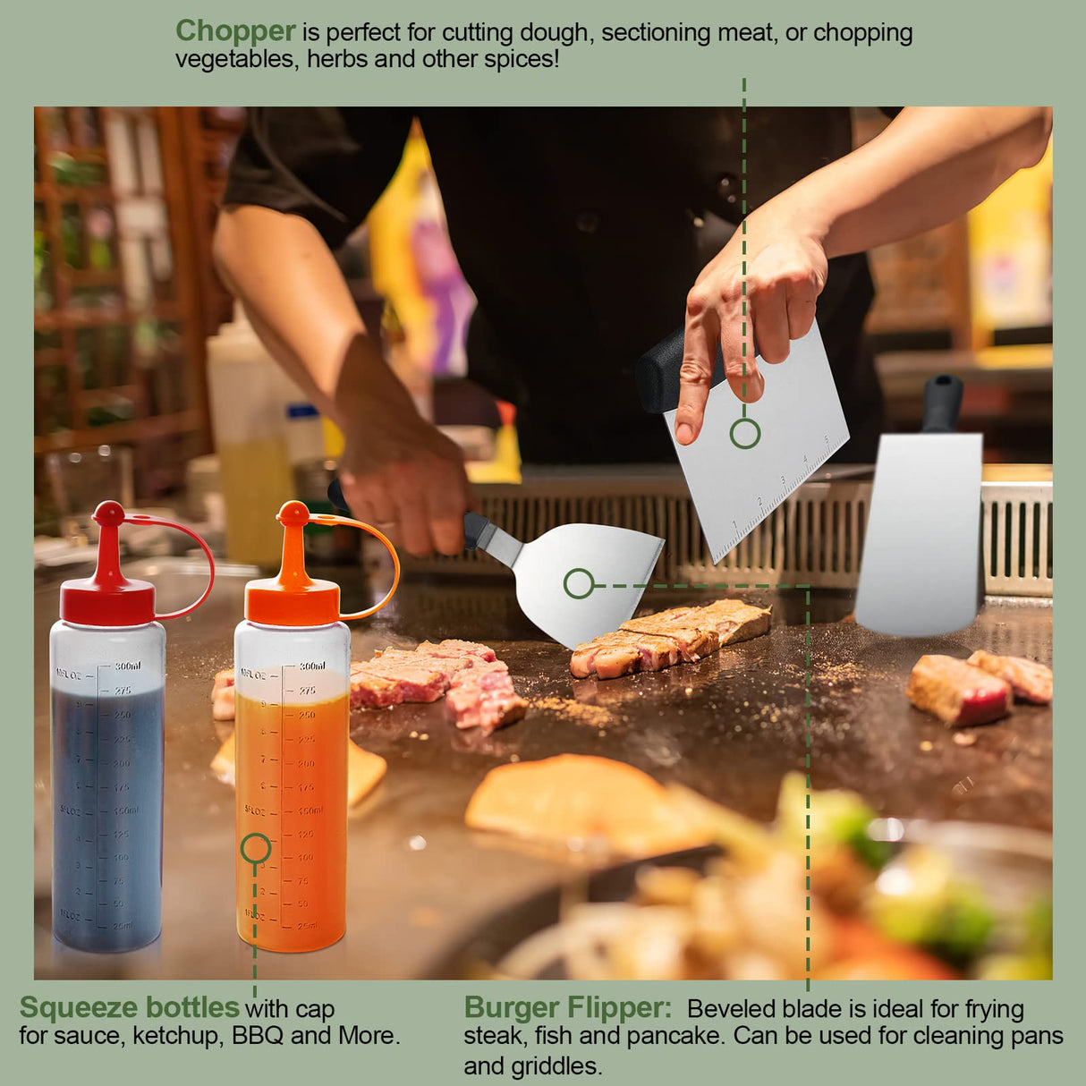 24Pcs Griddle Accessories Set, Stainless Steel Flat Top Grill Spatula Kit for Outdoor Barbecue Camping Cooking, Included Basting Cover, Scraper, Cast Iron Grill Press, Carrying Bag EWFEN