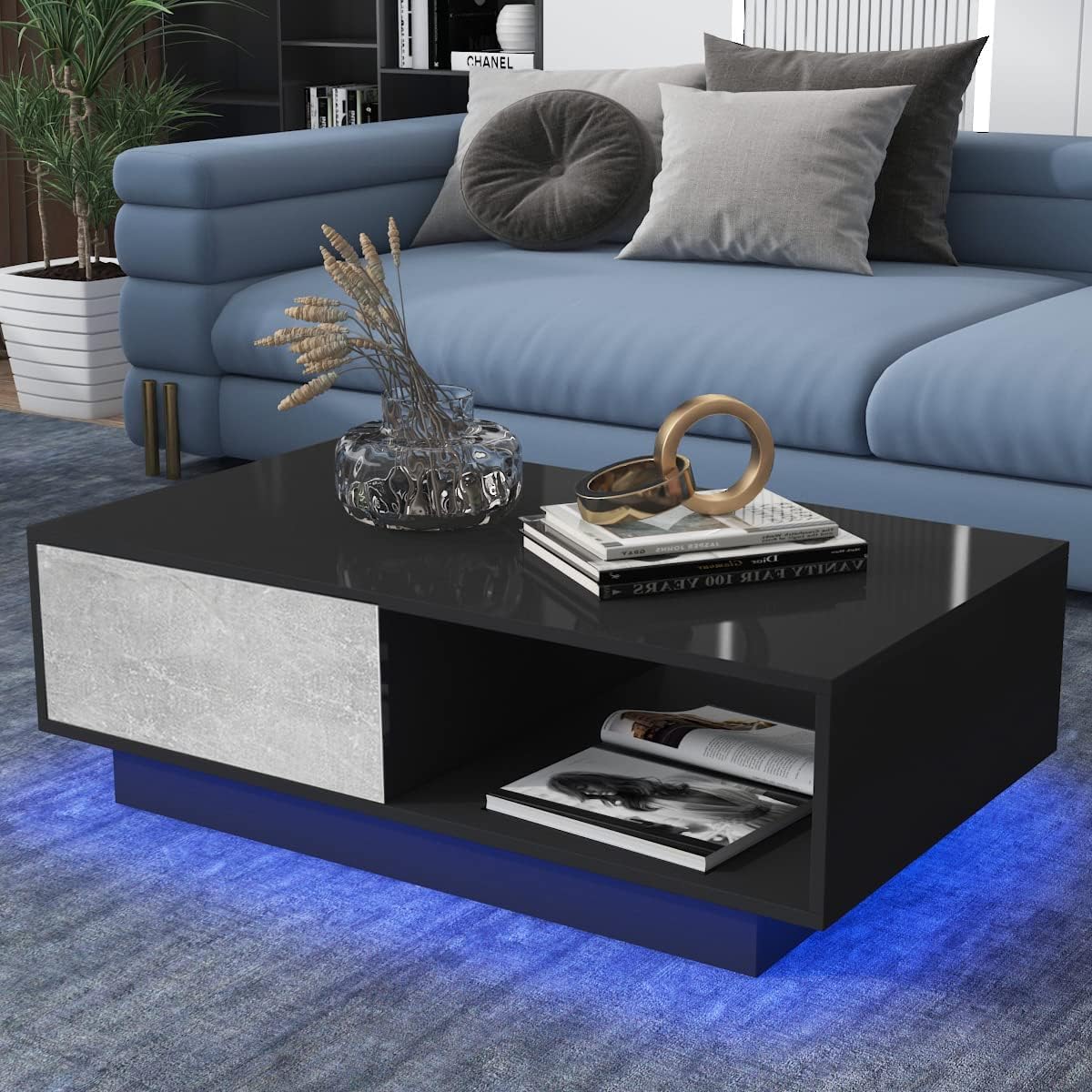HOMMPA Led Coffee Table for Living Room Grey Black Coffee Table with LED Lights Low Profile Center Table with High Gloss Cocktail Table with Led Lights for Small Place 13" Tall HOMMPA