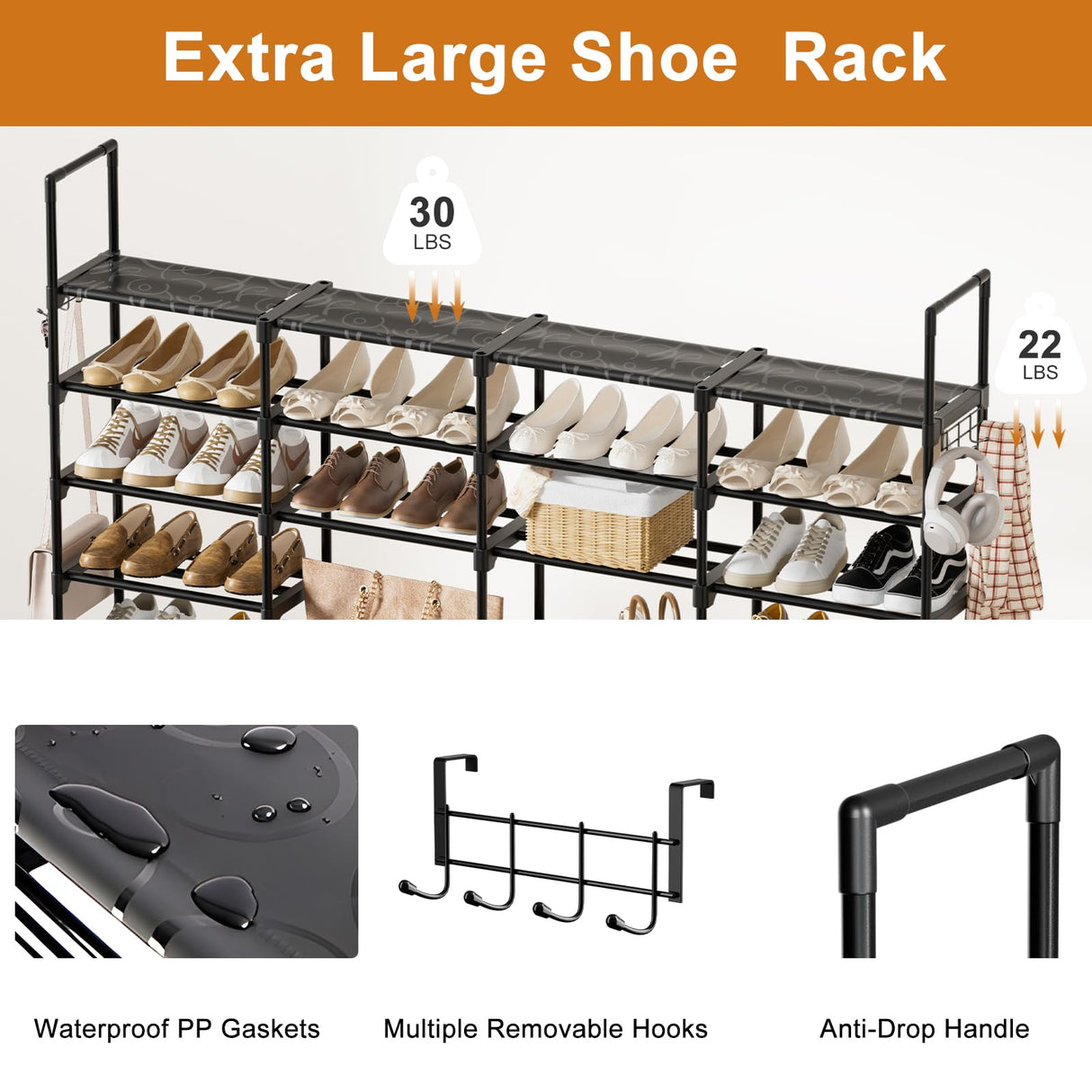 WOWLIVE 4 Row 9 Tiers Extra Large Shoe Rack 72-80 Pairs Big Tall Metal Shoe Shelf, Heavy Duty Organizer for Closet Entryway, Boot Rack Storage Stackable Stand for Garage Black WOWLIVE