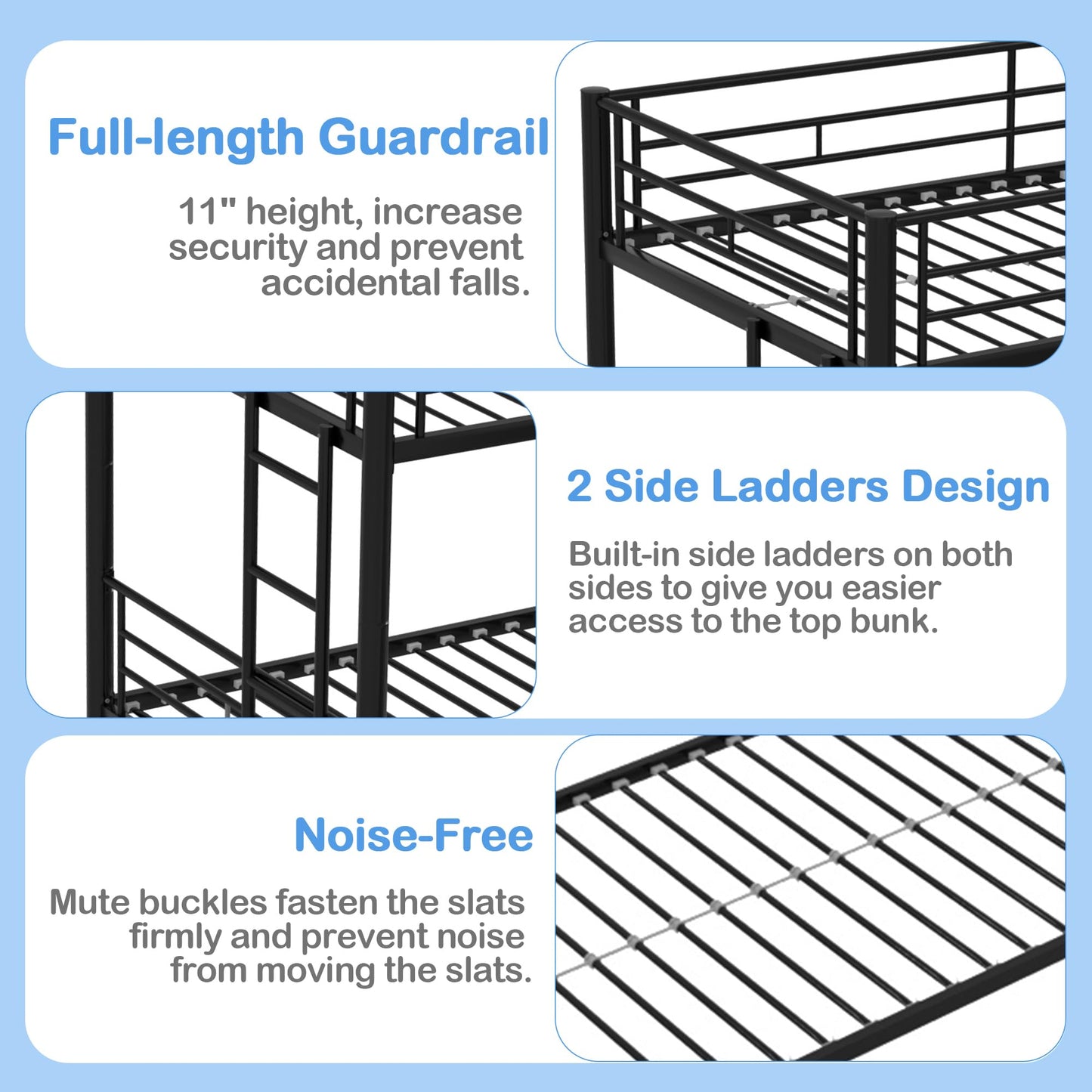 VECELO Twin Over Twin Bunk Bed with Trundle, Metal Bunkbeds with Ladder and Full-Length Guardrail, Noise Free, No Box Spring Needed, Black