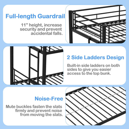 VECELO Twin Over Twin Bunk Bed with Trundle, Metal Bunkbeds with Ladder and Full-Length Guardrail, Noise Free, No Box Spring Needed, Black