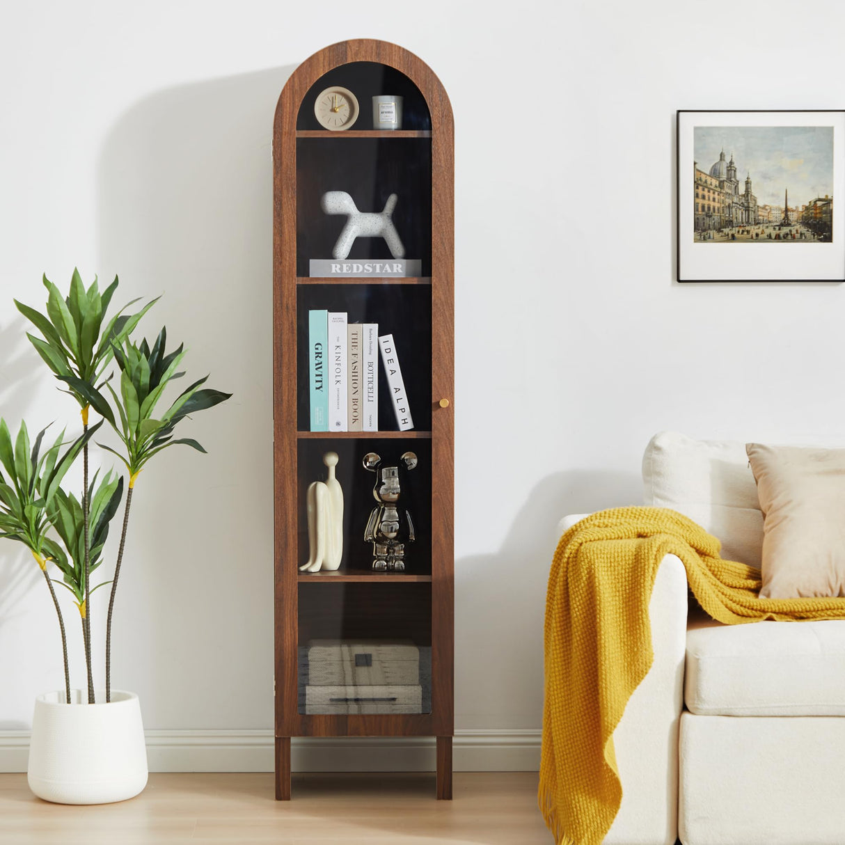 YUCHIATH 66.93" H Arched Bookcase, 5-Tier Arched Cabinet Bookcase with Adjustable Shelves, Accent Display Cabinet with Glass Door for Living Room, Reading Room and Bedroom (Walnut) YUCHIATH