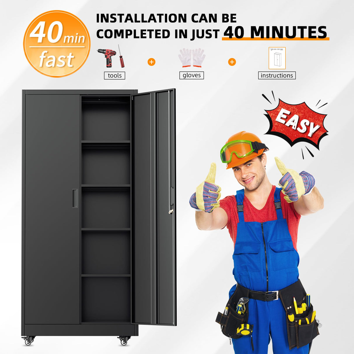 Bonusall Garage Cabinets with Wheels, 73" H Metal Locking Cabinet with 2 Doors and 4 Shelves, Storage Cabinet on Wheels for Home Office,Warehous, School(Black Bonusall