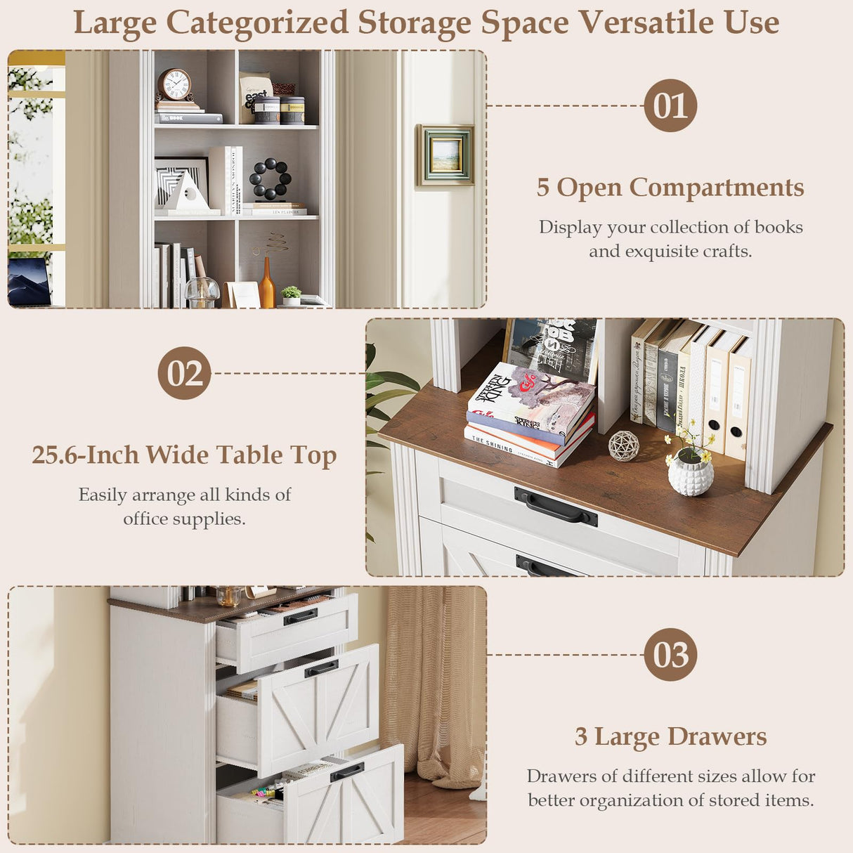 Halitaa 70" Tall Bookshelf, 3-Tier Floor Standing Bookcase with Drawers, Rustic White Farmhouse Book Shelf Wooden Display Organizer for Home Office, Living Room, Bedroom Halitaa
