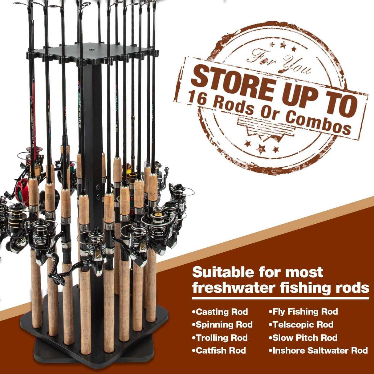 Ghosthorn Fishing Rod Holders for Garage 360 Degree Rotating Fishing Pole Rack, Floor Stand Holds up to 16 Rods Wood Fishing Gear Equipment Storage Organizer, Fishing Gifts for Men Women Ghosthorn