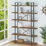 Industrial Modern 6-Tier Tall Bookcase in Rustic Brown - Open Wood and Metal Display Rack HSH