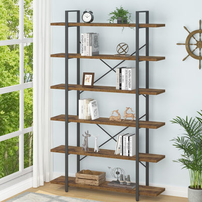 Industrial Modern 6-Tier Tall Bookcase in Rustic Brown - Open Wood and Metal Display Rack