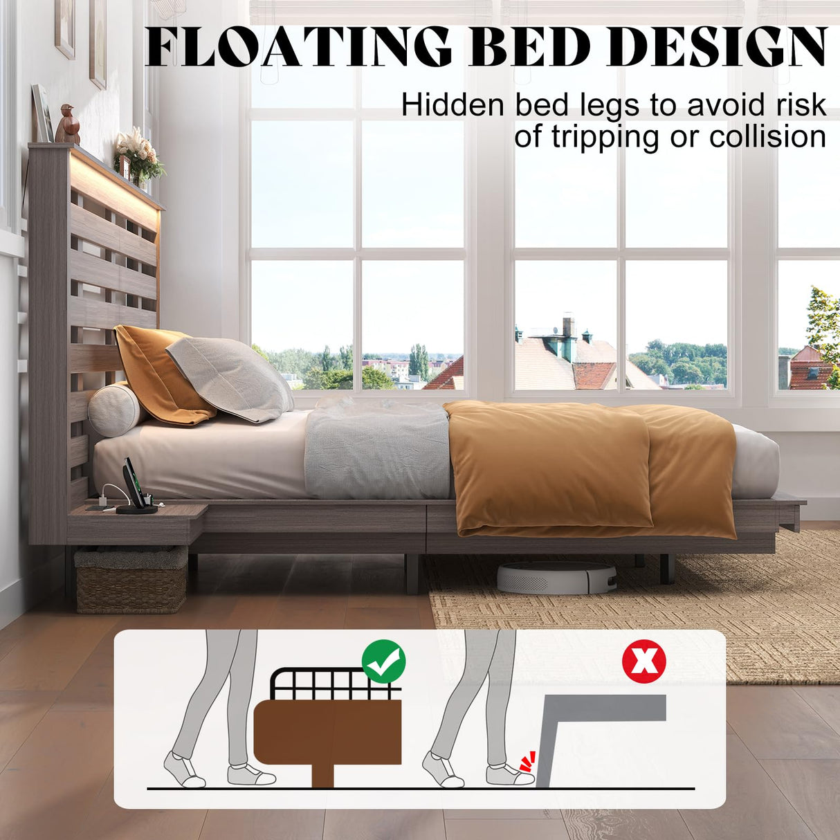 AMERLIFE Taupe Farmhouse Floating Bed Frame with LED Lights, Extended Grille Headboard & Integrated Nightstands AMERLIFE