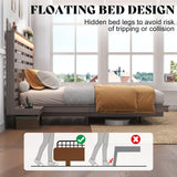 AMERLIFE Taupe Farmhouse Floating Bed Frame with LED Lights, Extended Grille Headboard & Integrated Nightstands AMERLIFE