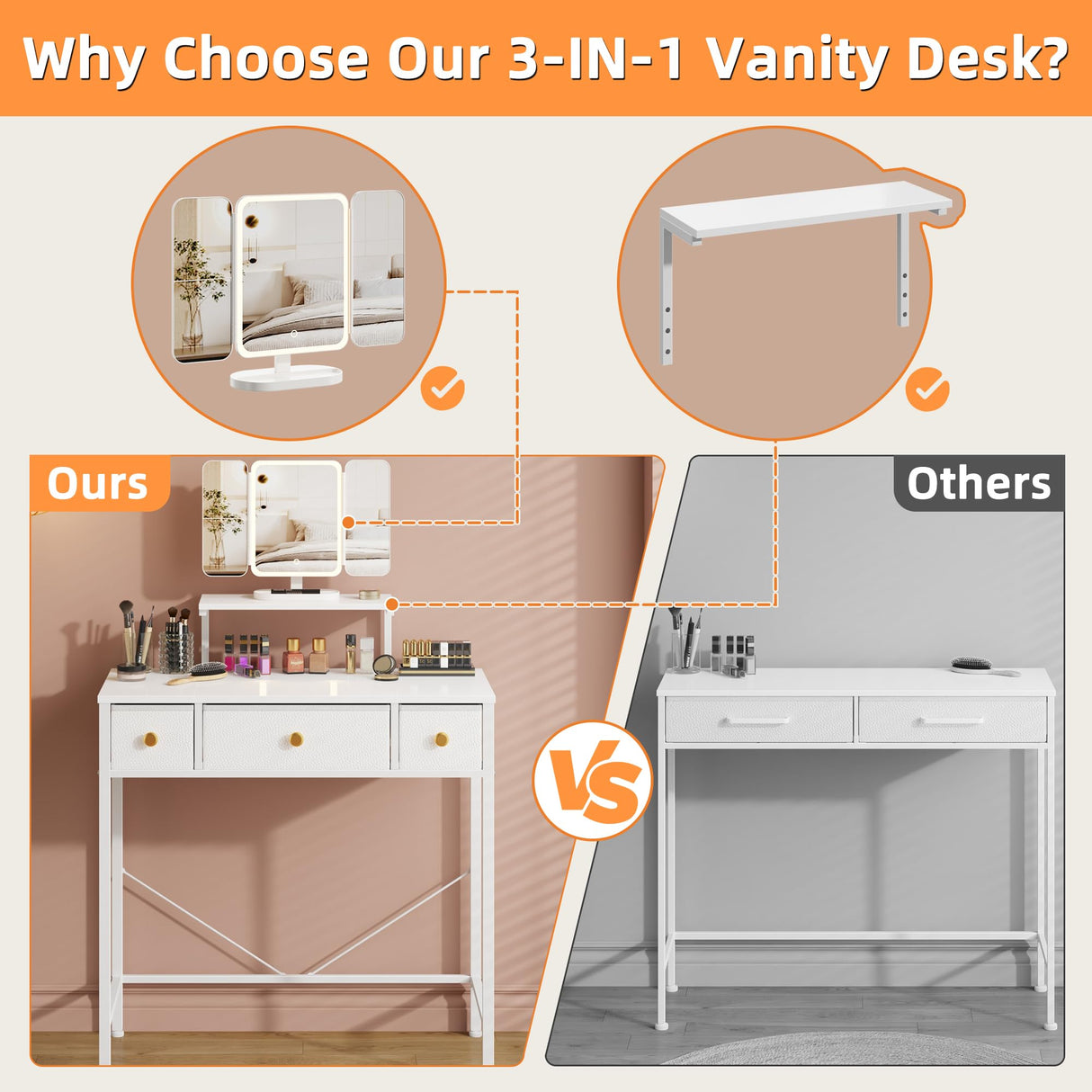 HIGDBFE Makeup Vanity Desk with Mirror and Lights & 3 Drawers, Small Vanity Desk with Height-Adjustable Stand, Vanity Table for Girls Gifts, Bedroom and Small Spaces, Fabric Drawer, 27.5'', White HIGDBFE