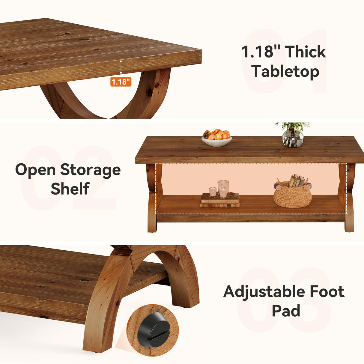 TRIBEWOOD Solid Wood Coffee Tables for Living Room, 47.2-Inch Farmhouse Rectangle Center Tea Table with Storage Shelf TRIBEWOOD