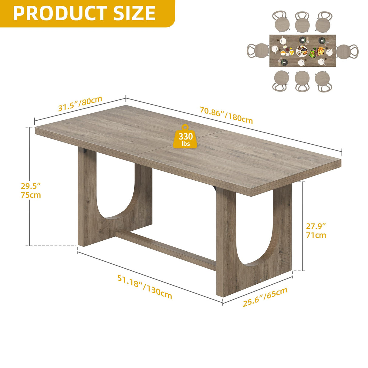 DWVO Dining Room Table for 6-8 People 70.86" Large Rectangle Dining Table Farmhouse Kitchen Table with Heavy Duty Wooden Base Rustic Dinner Table for Apartment Living Room Grey Oak DWVO