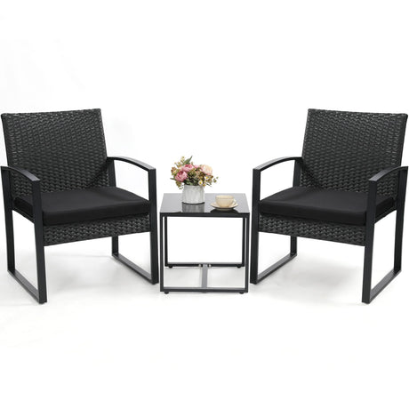Murago 3 Piece Wicker Patio Bistro Set, Rattan Conversation Set with Coffee Table, for Balcony, Porch, Garden, Yard, Poolside, Black Frame with Black Cushion Murago