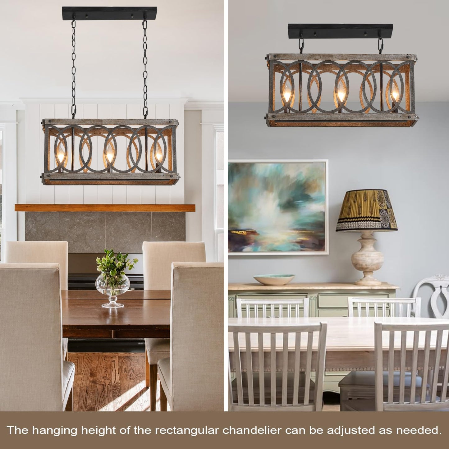 PHILOMENA Antique Wood Farmhouse Chandelier, 3-Light Rustic Bronze Cage Rectangular Dining Room Light Fixtures Over Table, Rectangle Linear Foyer Pendant Lamp Ceiling Hanging