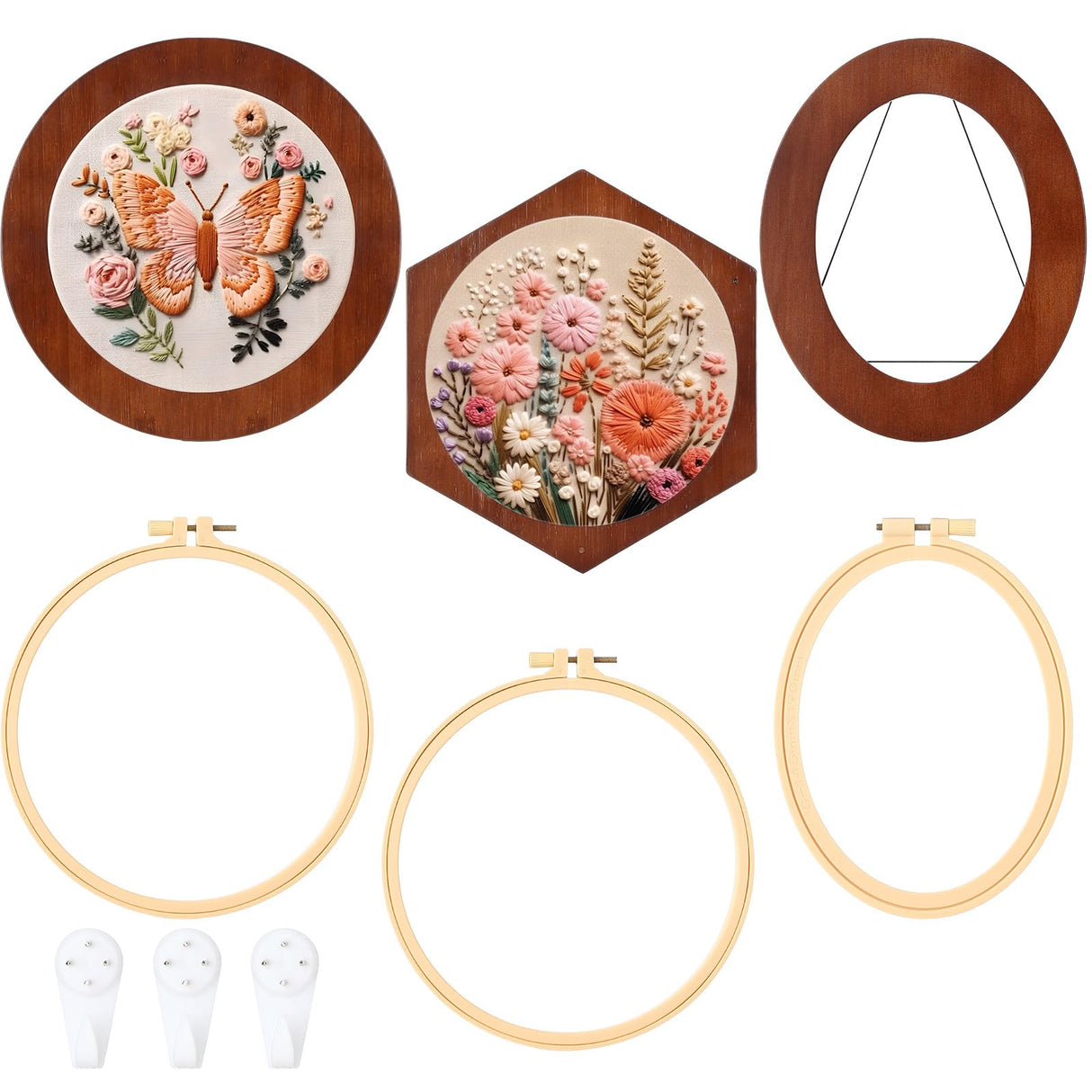 Vercraft 3 Set Embroidery Hoop Frame 8 Inch Decorative Wood Embroidery Frame with 8 Inch Cross Stitch Hoop for Display Finished DIY Art Craft Hanging Sewing Ornaments, Round, Hexagon, Oval Vercraft