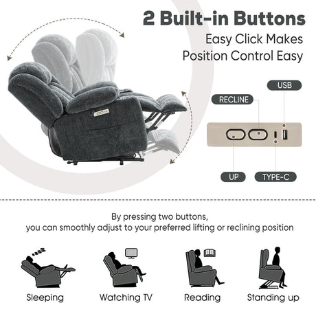ABCASA Large Power Lift Chairs Recliners for Elderly with Heat ＆ Massage, Upgraded Chenille Recliners, USB-A ＆ C, Cup Holder, Side Pocket, Grey Blue ABCASA