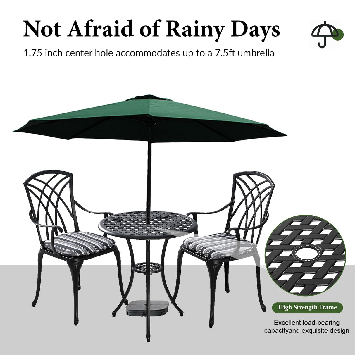 Lokingrise Outdoor Bistro Set 3 Piece Outdoor Bistro Table and Chairs Set Table with Umbrella Hole, Cushions, Cast Aluminum Patio Furniture for Porch, Backyard, Garden, Black Lokingrise