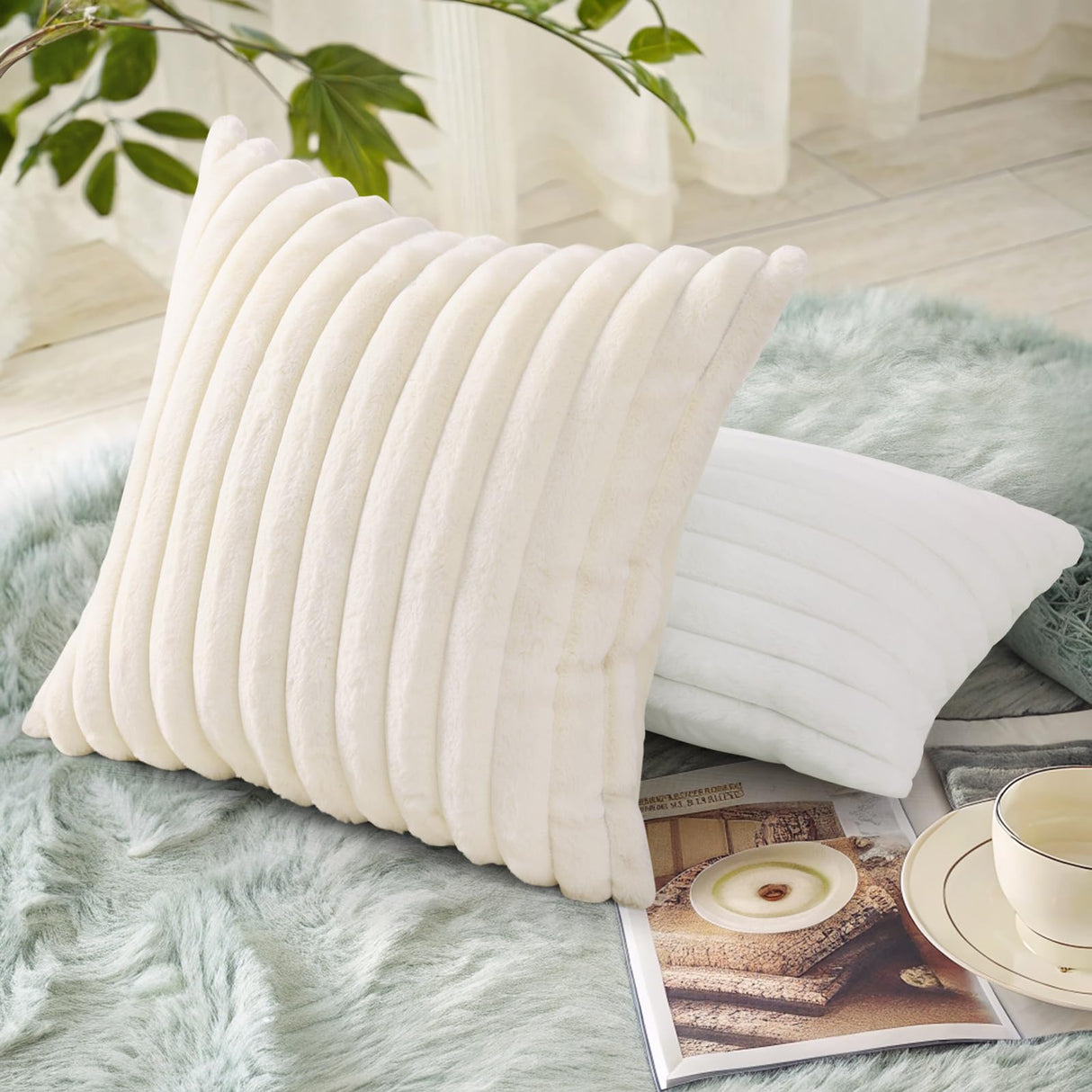 decorUhome Faux Fur Christmas Throw Pillow Covers 18x18 Set of 2, Decorative Soft Plush Striped Neutral Couch Euro Pillow Covers with Velvet Back for Sofa, Bed, Living Room Home Decor, Cream White decorUhome