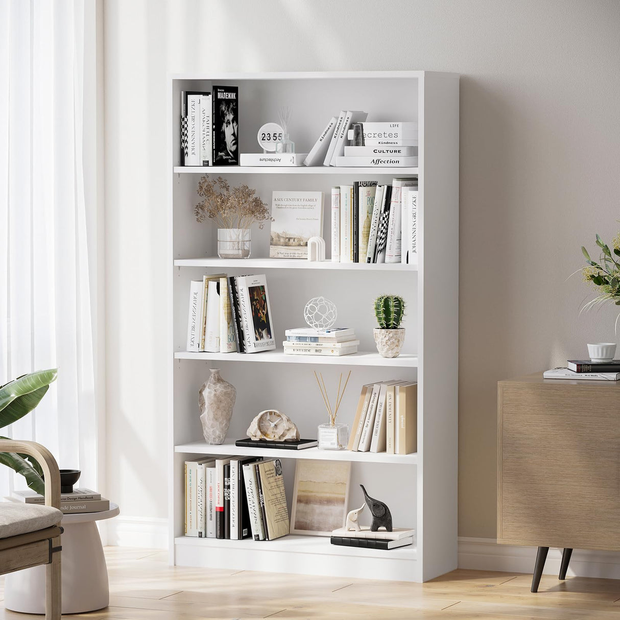 Soohow White Bookcase with Adjustable Shelves, 5 Shelf Book Case, Large Tall White Bookshelf for Living Room, Bedroom, 60 in Tall, 33 in Wide, 11.6 in Deep Soohow