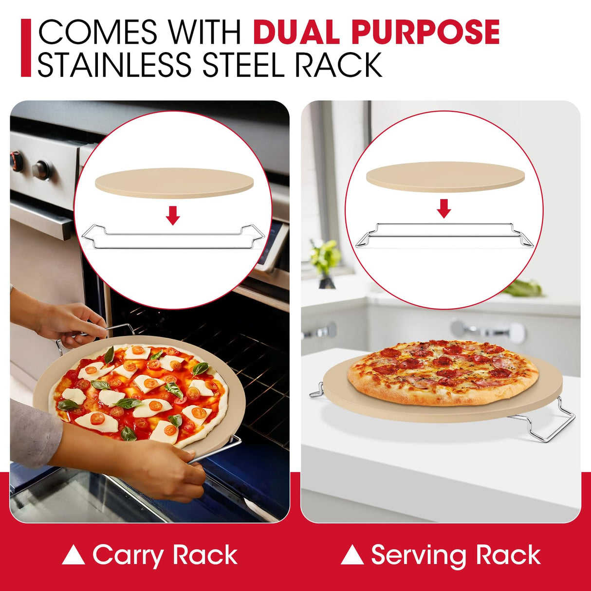 Unicook 15 Inch Round Pizza Stone for Oven and Grill, Oven Baking Stone for Bread, Cordierite Pizza Pan for Baking Crispy Pizzas, Bread and Cookies, Includes Carry Rack and Pizza Dough Scraper Unicook