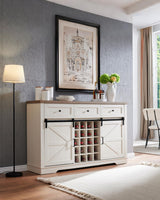 Kavonty Farmhouse Wine Bar Cabinet with Sliding Barn Door, Kitchen Coffee Bar Cabinet with Wine Rack, Storage Shelves, 3 Drawers, Large Buffet Sideboard for Dining Room, Antique White Kavonty