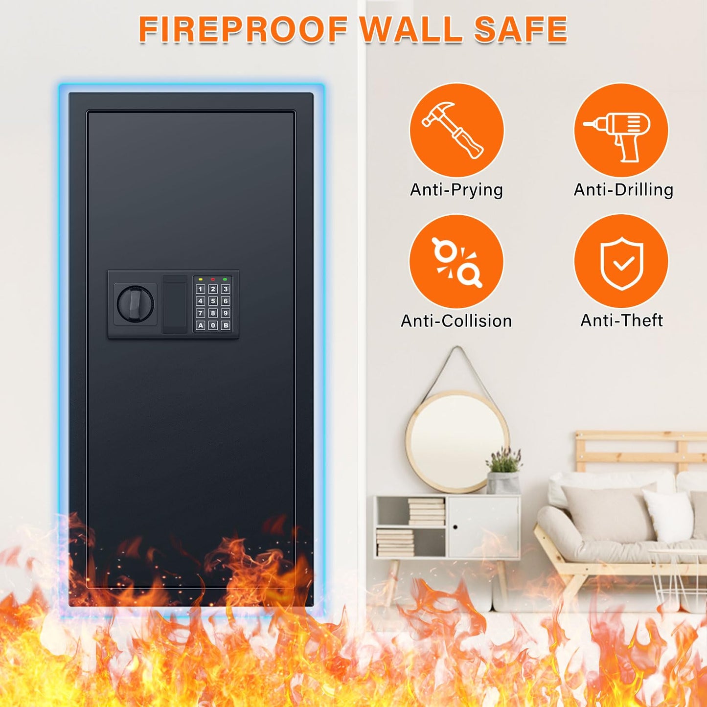 29.53" Tall Fireproof Wall Safes Between the Studs 16" Centers, Heavy Duty Electronic Hidden Safe with Removable Shelf, Home Safe for Firearms, Money, Jewelry, Passport