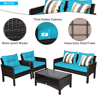 Tangkula 4 Piece Patio Furniture Set, Outdoor Wicker Conversation Set with Glass Top Coffee Table, All Weather Proof and Thick Cushions, Suitable for Porch, Garden, Poolside and Lawn (Turquoi - WoodArtSupply