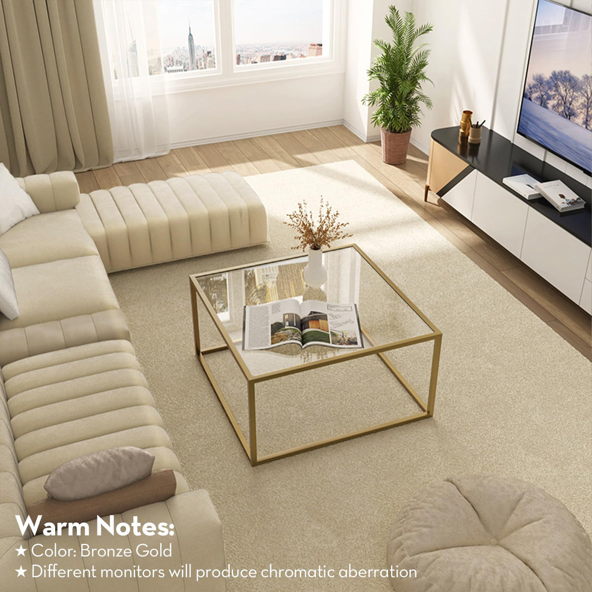 SAYGOER Gold Coffee Table Glass Modern Coffee Tables for Small Space Simple Square Center Table for Living Room Home Office 26.7 x 26.7 x 17.7, Easy Assembly SAYGOER