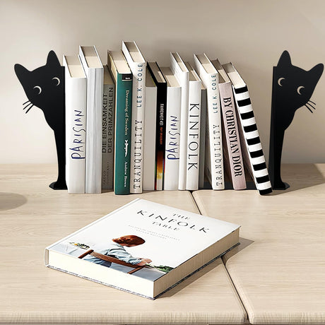 Peeping Cat Bookends,Metal Book Ends for Heavy Books for Shelves Decorative,Bookshelf Decor Home Office Desk for Cat Lover Gifts (Black Cat) HENART
