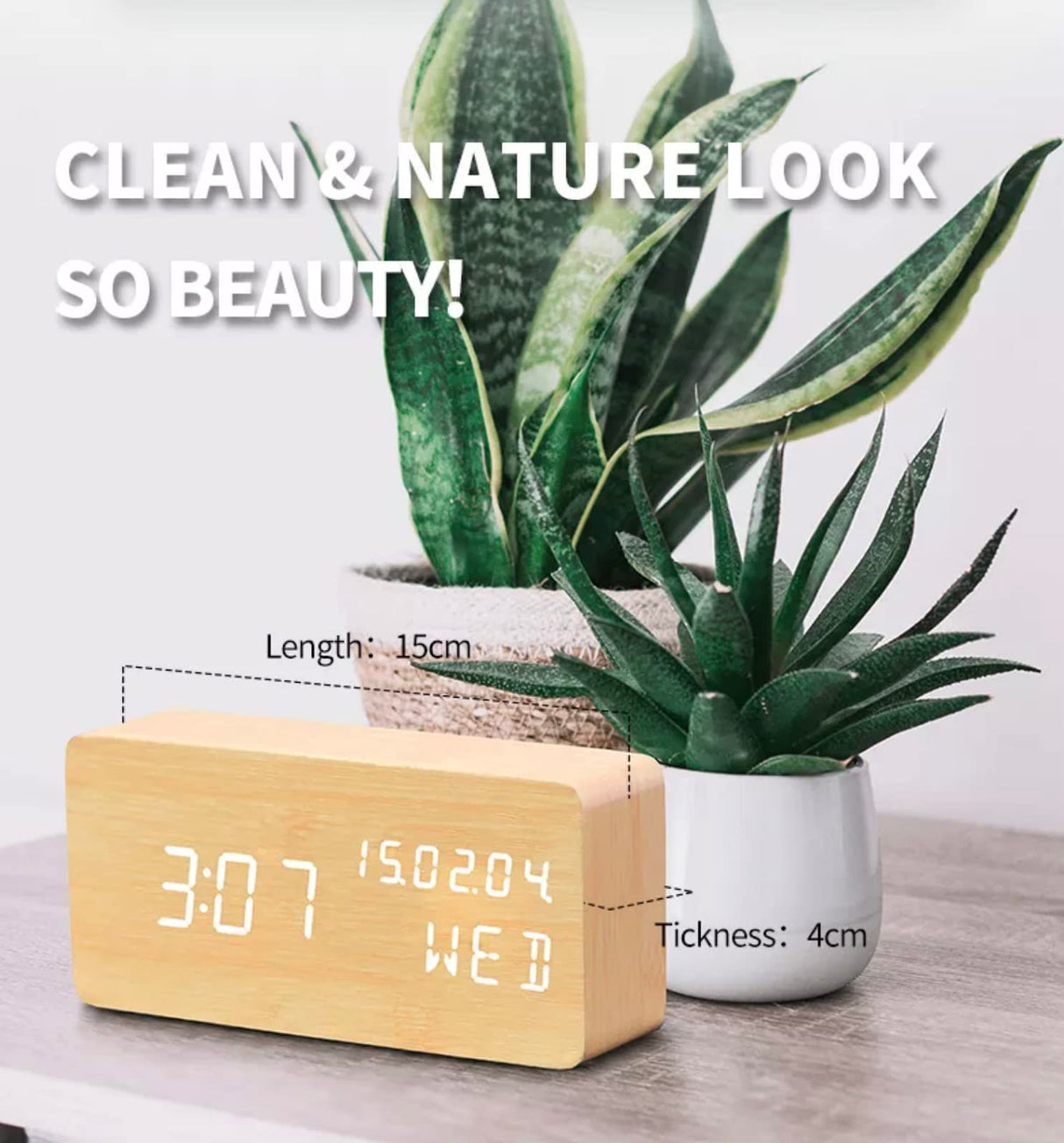 Pokanic Wood Digital Alarm Clock Desk Time, Date(MM/DD/YY), Day of The Week, Temperature, Nightlight Large LED Display Portable Lamp Bedroom, Office, School, Home, Livingroom, Room (Bamboo) Pokanic