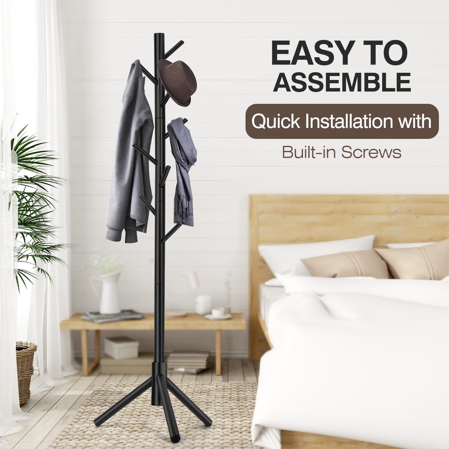 WANGMUXIA Coat Rack, Freestanding Coat Rack with 8 Hooks and 3 Adjustable Size Tree Coat Racks for Bedroom, Hallway, Entrance, Office, for Hats, Coats, Scarves, Handbags - WoodArtSupply