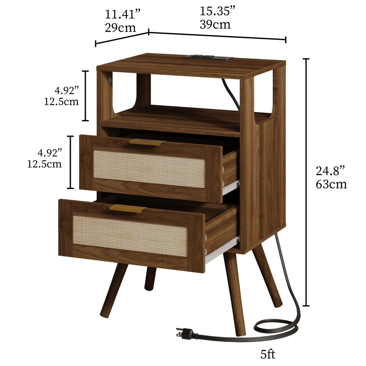 JOONEE Rattan Nightstand with Charging Station,Farmhouse Bedside Table with 2 Storage Drawer and Open Wood Shelf, for Bedroom and Small Spaces,Night Stand with Solid Wood Legs (Walnut Brown-Outlet) JOONEE