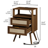 JOONEE Rattan Nightstand with Charging Station,Farmhouse Bedside Table with 2 Storage Drawer and Open Wood Shelf, for Bedroom and Small Spaces,Night Stand with Solid Wood Legs (Walnut Brown-Outlet) JOONEE
