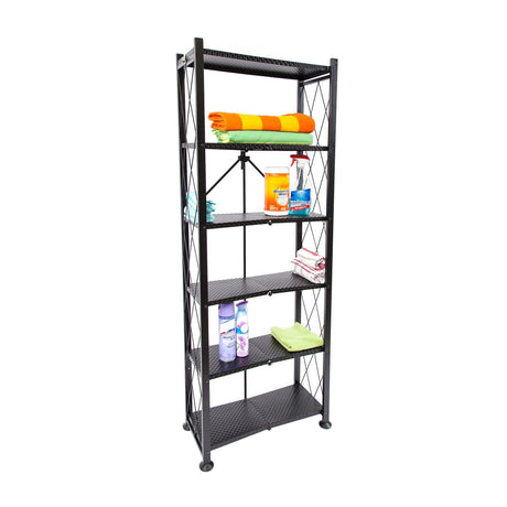 Origami 6 Tier Classic Stamped Metal Storage Shelves for Books, Decor, Vinyl Records, and Garage Organization and Storage, Black Origami