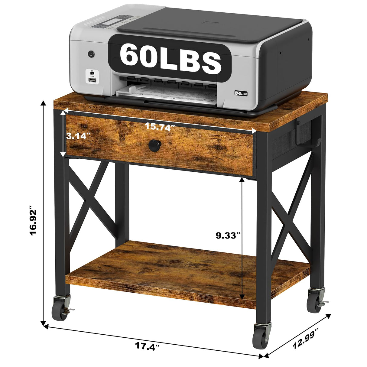 EasyCom 2-Tier Desktop Printer Stand with Large Drawer, Under Desk Printer Table with Wheels, Small Printer Shelf with Storage for Paper Storage Printer Scanner Fax Home Office Use Rustic Brown EasyCom