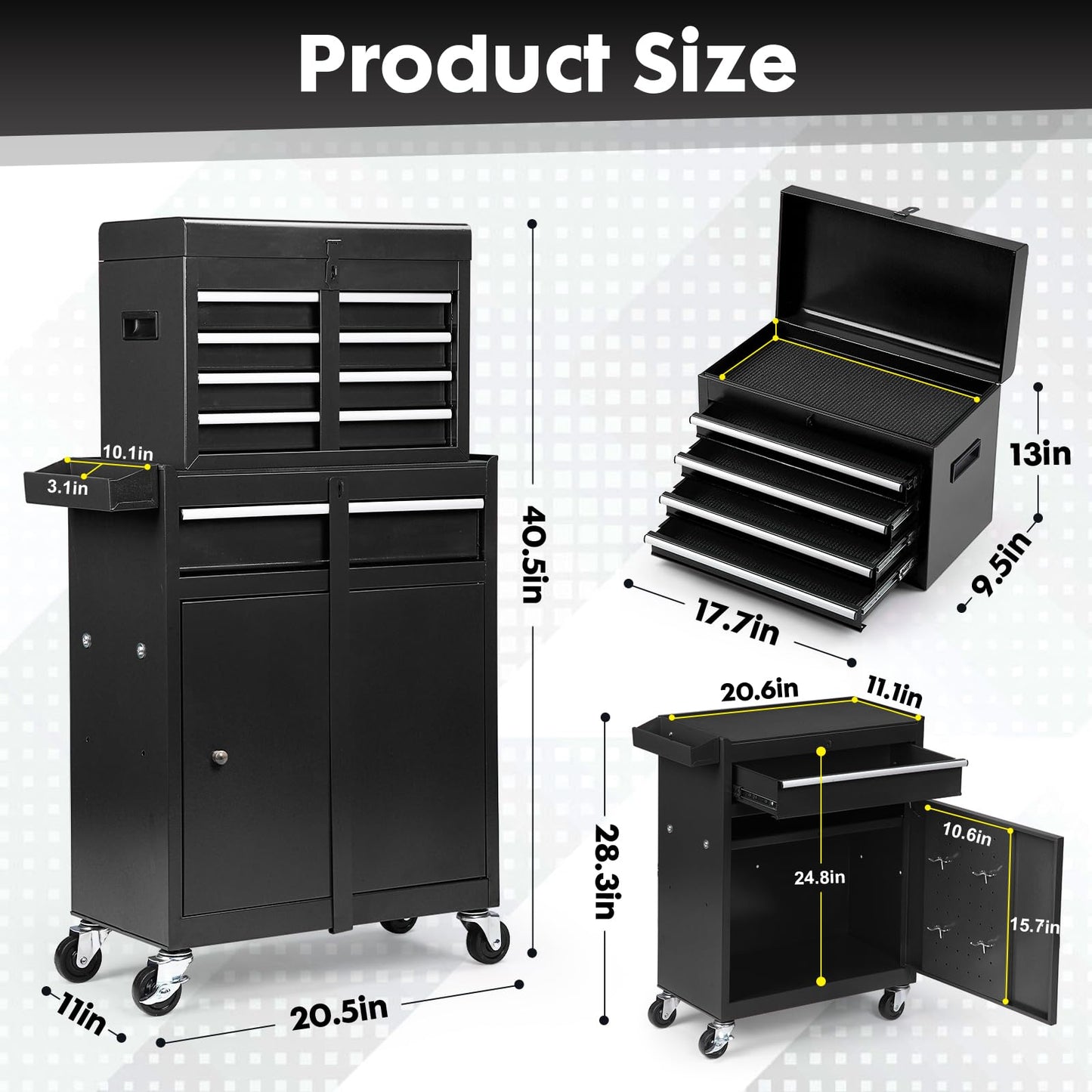 Dawmilon 5-Drawer Rolling Tool Chest with Detachable Top Box, Lockable Wheels, Adjustable Shelf, and Liner, Heavy-Duty Metal Tool Cart for Garage and Workshop Storage, Black - WoodArtSupply