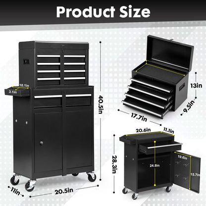 Dawmilon Rolling Tool Chest, 5-Drawer Tool Cabinet with Lockable Wheels and Detachable Top Tool Box, Tool Cart for Warehouse, Workshop, Black - WoodArtSupply